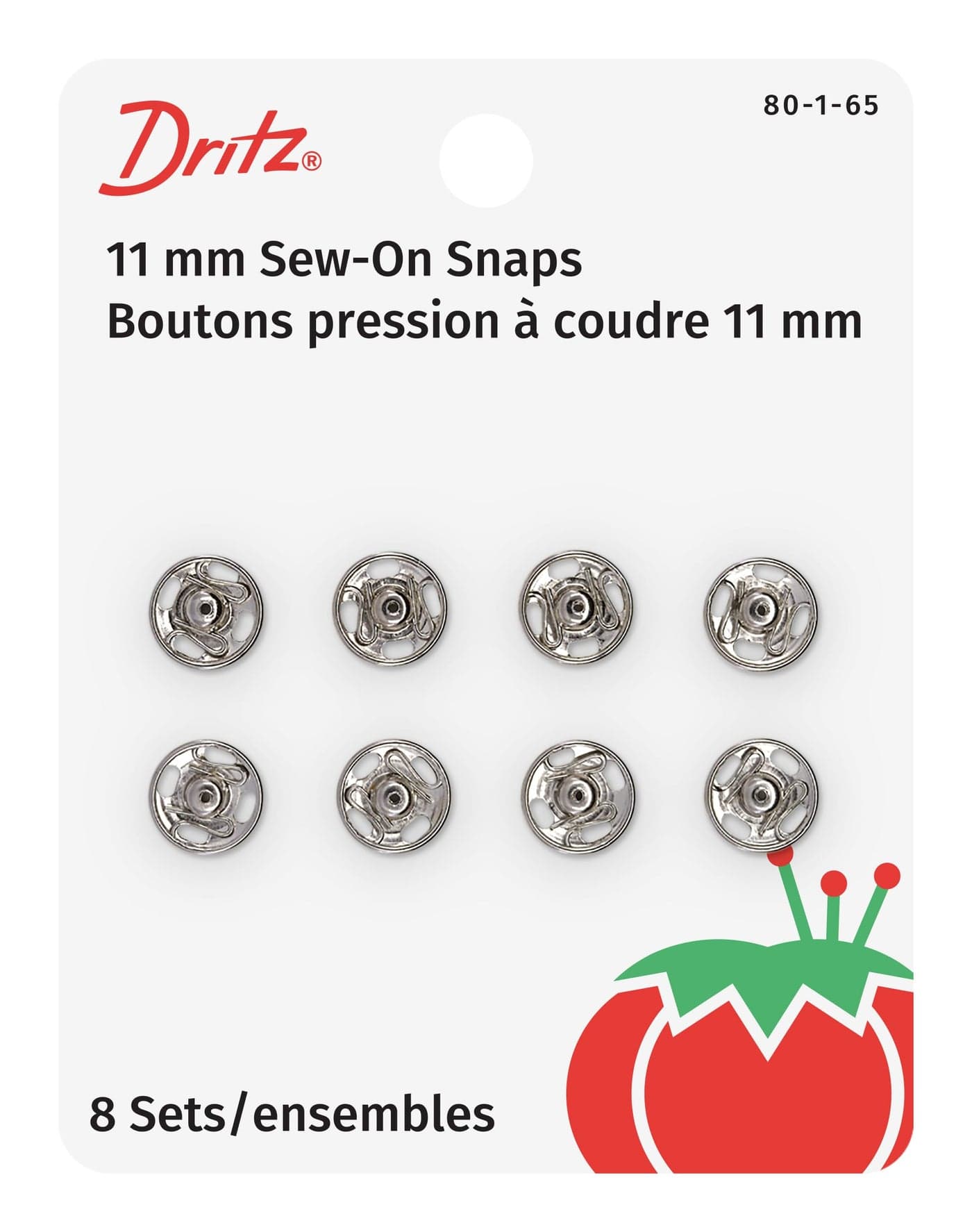 Dritz 80-1-65 Sew-On Snaps, Nickel-Plated Brass, Size 1 8-Count
