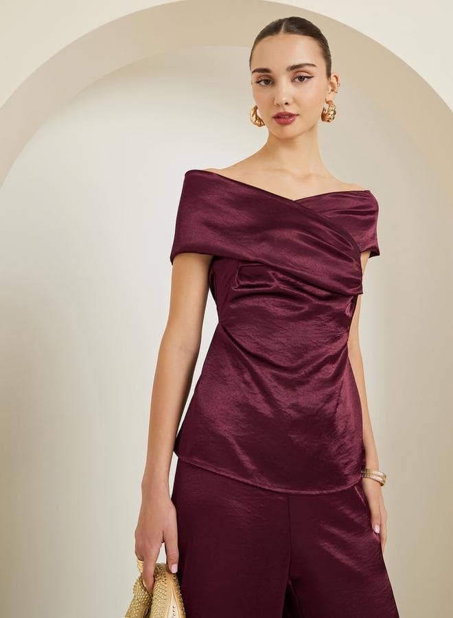Burgundy Satin Off-Shoulder Top
