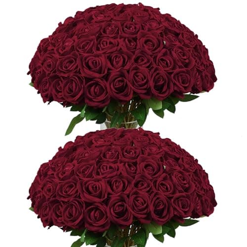 DuHouse 50Pcs Red Roses Artificial Flowers,Fake Velvet Rose Bulk, Artificial Roses Bouquet with Long Stems for Wedding Party Arrangement Centerpiece Decorations(Dark Red)