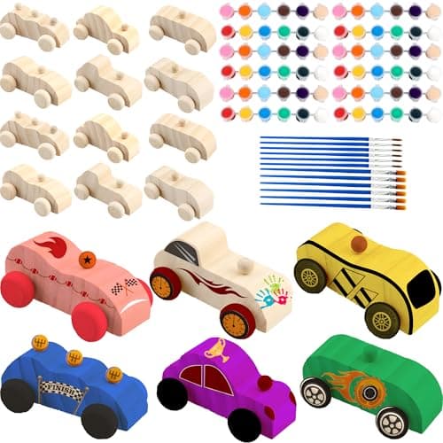 Feradny 42 Pcs Unfinished Wooden Cars Include 18 Wood DIY Car Toys Wood Car Crafts Painting with 24 Painting Tools for Kids Home Activities Arts Crafts Projects Easy Woodworking Party Favors