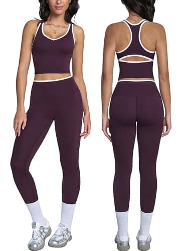 ABOCIW Workout Sets for Women Color Block Gym Set V Neck Racerback Tank Top Built in Bra High Waist Tummy Control Leggings Yoga Pilates Outfits Athletic Work Out Clothes Plum Purple X-Small