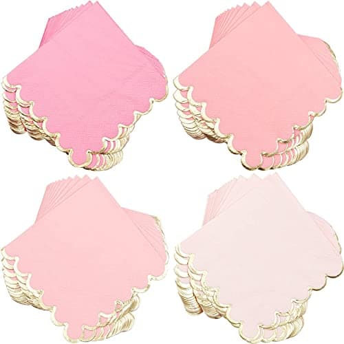Sparkle and Bash Pink Cocktail Napkins - 5 x 5 In, 100 Count, 3-Ply Scalloped, Pink & Gold - Napkins for Baby Girl & Bridal Showers & Birthday Parties