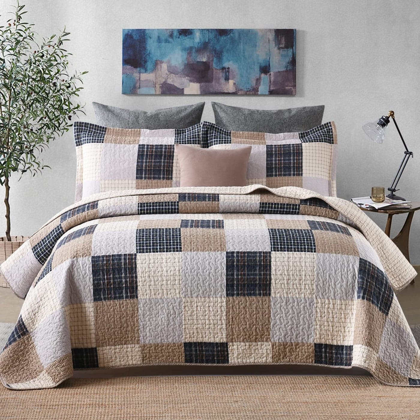 Finlonte Quilt 100 Cotton Queen Size Bedspreads Brown Plaid Lightweight 3Pieces
