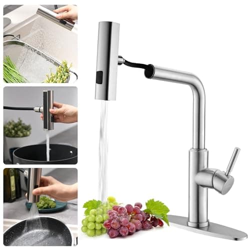 WEWE Waterfall Kitchen Faucet with Pull Down Sprayer 3 ModesSweepStreamWaterfall Rotary Switch Mode Stainless Steel Kitchen Sink Faucet Single Lever Handle Brushed Nickel Sink Fuacet