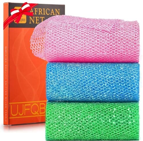 UJFQBH 3 Piece Bright Style African exfoliating net Exfoliating Shower Set Long Bath Sponges for Smooth, Refreshed Skin, The Exterior Gleams - Ideal for Daily Use (Bright Pink, Blue, Green)
