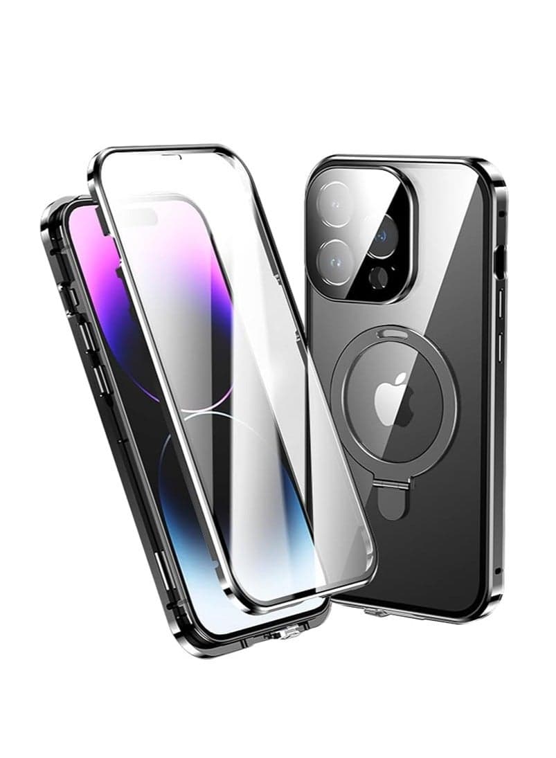 iPhone 15promax/15pro/ Phone Case with Invisible Magnetic Stand 【Magsafe Compatible】 Clear Tempered Glass Magnetic Attachment Phone Case with Camera Lens Protector and Safety Lock ...