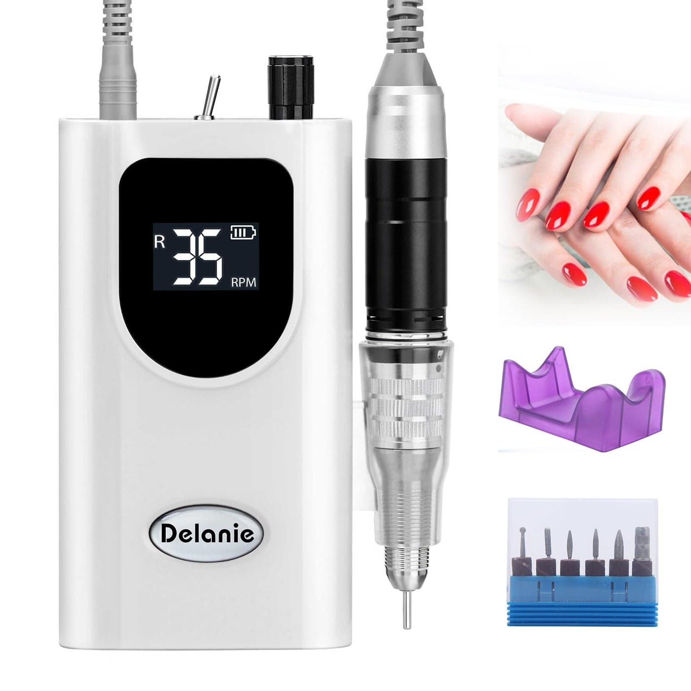 Delanie Electric Nail Drill Professional 35000 RPM Rechargeable Portable EFile for Nail Tech White