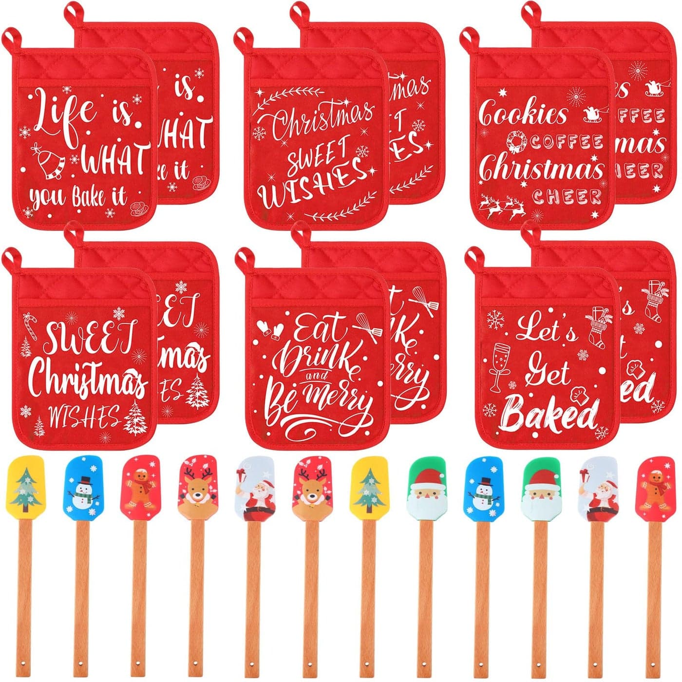 Yaomiao 24 Pcs Christmas Pot Holders with Silicone Spatula Set Silicone Spatula Set with Wooden Handles Pot Holders for Kitchen Christmas Kitchen Utensils Christmas Baking Gifts for Xmas Cute