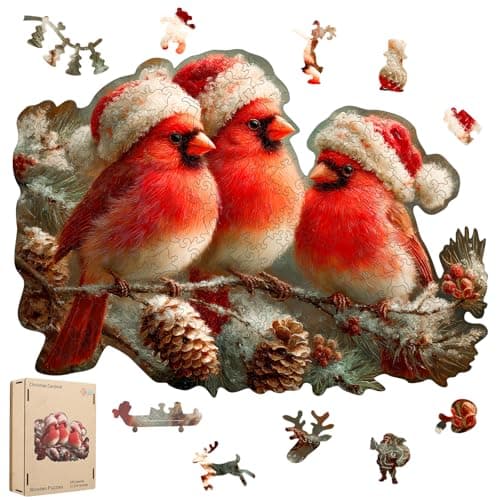 MEATRN Christmas Cardinal Wood Puzzles Adult Three Baby Birds with Santa Hat 199Pcs Wooden Jigsaw Puzzle for Festive Holiday Fun Teenss Party and Winter Activity 12289