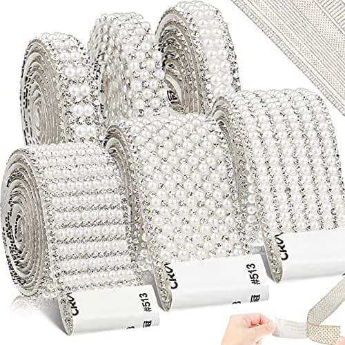 WILLBOND Pearl Rhinestone Strips 6 Rolls 5 28 Yards Pearl Diamond Ribbon Rhinestones White Self Adhesive Faux Crystal Stickers for Wedding Birthday Party Art Crafts Car Phone Shoes DecorsSilver