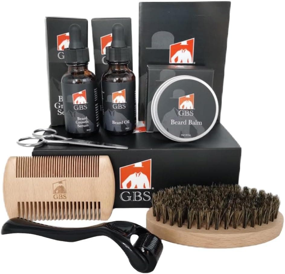 G.B.S Men's Beard Grooming Kit - Beard Oil, Growth Serum with Biotin, Balm, Brush and Comb Gift Set