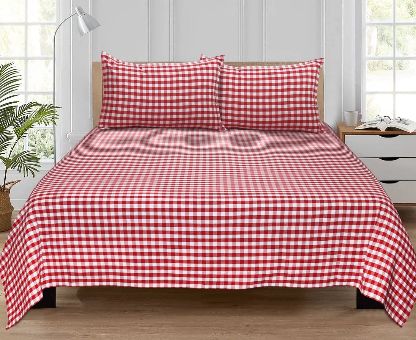 AIRWILL 200GSM Handloom Cotton Double Bedsheet with 2 Pillow Covers (Gingham Check Red) - 92 x 104 Inch