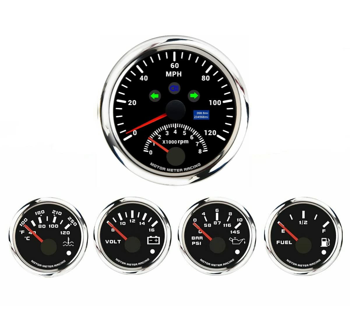 MOTOR METER RACING W PRO Series 5 Gauge Set - 85mm 3-3/8" 2 In 1 GPS Speedometer & Tachometer 52mm 2-1/16" Volt, Fuel Level, Water Temperature & Oil Pressure Black Dial White LED - For Car, Boat Truck