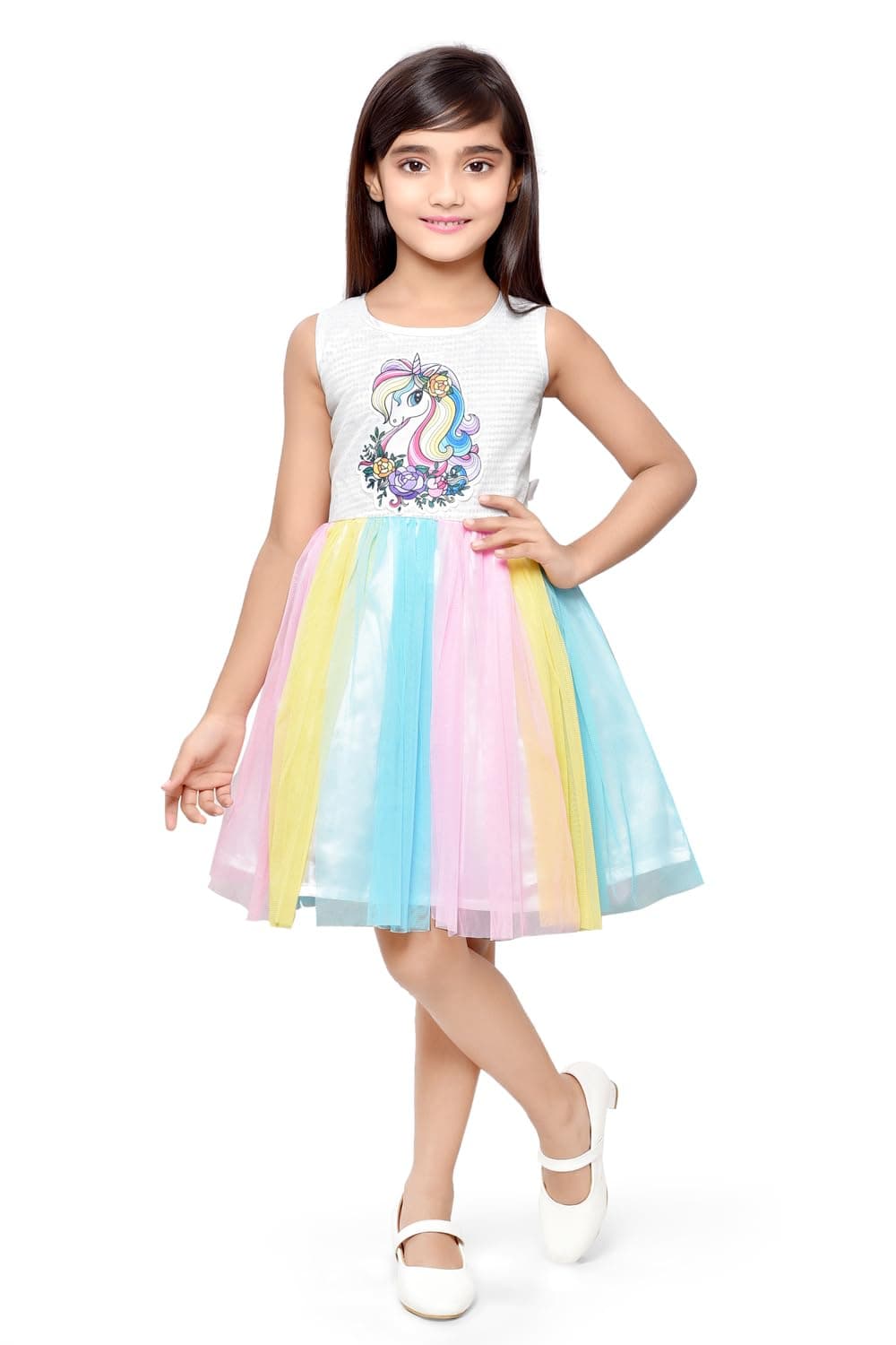 Doodle Unicorn Dress for Girls | Breathable Kids Frock & Dresses | Western Frocks with Waist Tie & Back Zip | Sleeveless & Knee Length (White with Rainbow Flare | 6-7 Years)