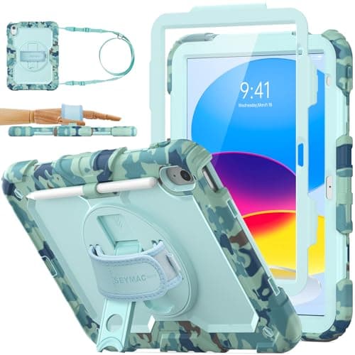 SEYMAC stock Case for iPad (A16) 11th/10th Generation 11''/10.9'' 2025/2022, Full-Body Drop Protection Case with Screen Protector &360° Rotate Hand Strap/Stand, SkyBlue Camo