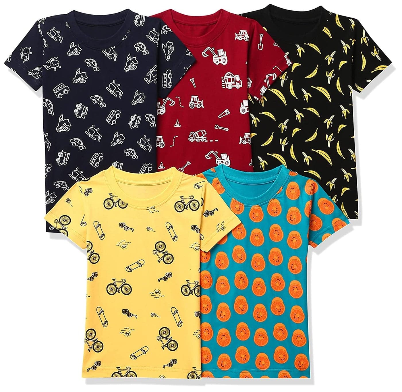 T2F Boy's Cotton Printed Regular Fit T-Shirt(Pack of 5)