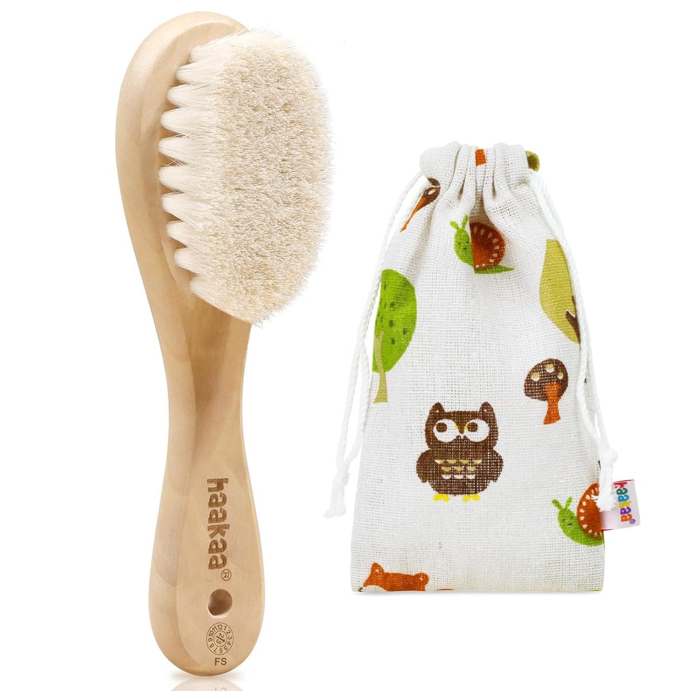 haakaa Wooden Baby Hair Brush for Newborns and Toddlers Baby Brush Natural Soft Goat Bristles Hairbrush Ideal for Cradle Cap Perfect Baby Registry Gift with Carry Pouch 1PC