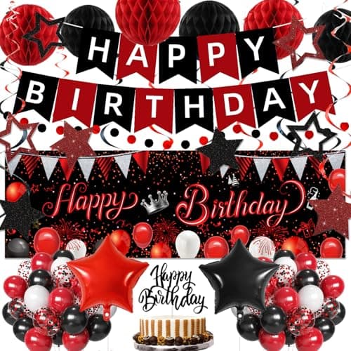 Red Black Birthday Decorations Happy Birthday Banner Backdrop Balloons Honeycomb Balls Star Foil Balloons Stars Hanging Swirls Cake Topper for Baby Boys Girl Men Women Birthday Decoration