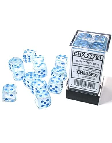 Chessex Borealis 16mm d6 IcicleLight Blue Luminary Dice Block 12 dice 27781