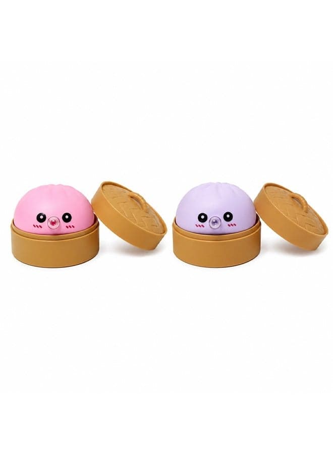 Set of 2 Baozi Bubble Fidget Toys with Bamboo Steamers (Pink & Purple) | Reusable Silicone Stress Relief Squeeze Toys