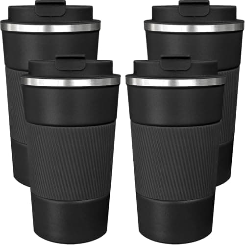 ATZNZIK 4 Pack Insulated Coffee Mug with Lid 17oz Travel Coffee Tumbler Stainless Steel Reusable Coffee Cups Thermal Coffee Mug for Hot and Iced Cold Drinks Black