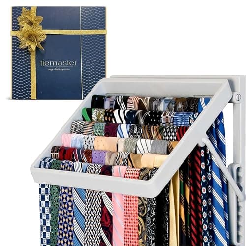 TieMaster Tie Rack and Scarf Organizer, Battery-Free Design, Holds 60 Ties and Scarves with 5 Belt Hooks, Easy Installation, Wall Mounted Tie Organizer, for Men & Women