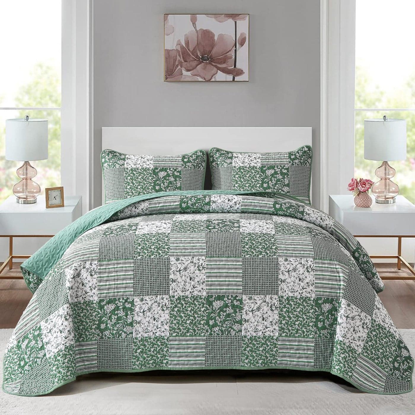 Mybedsoul Sage Green Boho King Quilt Set 3Piece Reversible Soft Plaid Floral Bedding Set with 2 Pillow Shams Sage Green King Size Quilt Bedspread Coverlet Set 90x104