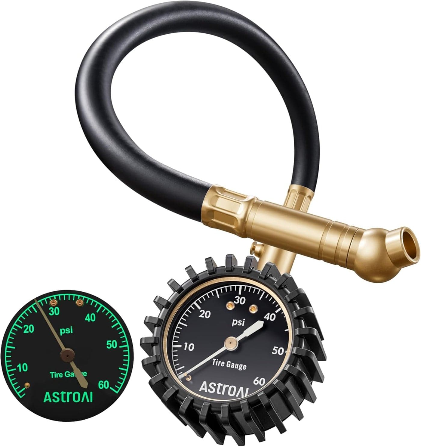 AstroAI Tire Pressure Gauge with Large 2" Dial, Solid Brass and Rubber Hose, Air Bleeder Valve, 0-60 PSI