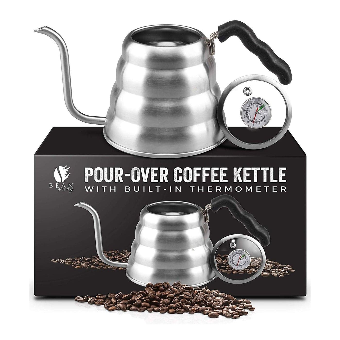 Bean Envy Pour Over Coffee Kettle 40 oz Stainless Steel Gooseneck Coffee and Tea Kettle with Thermometer and Ergonomic Handle