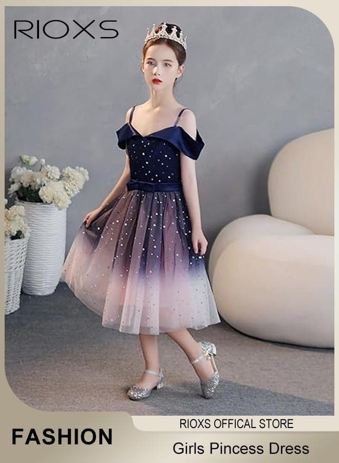 Princess Dress for Girls, Off-Shoulder Princess Costume for Girls, Elegant Formal Theme Party, Comfortable Back Zipper Tulle Skirt, Sequin-Embellished Gradient Color Ball Gown Puffy Skirt, Purple