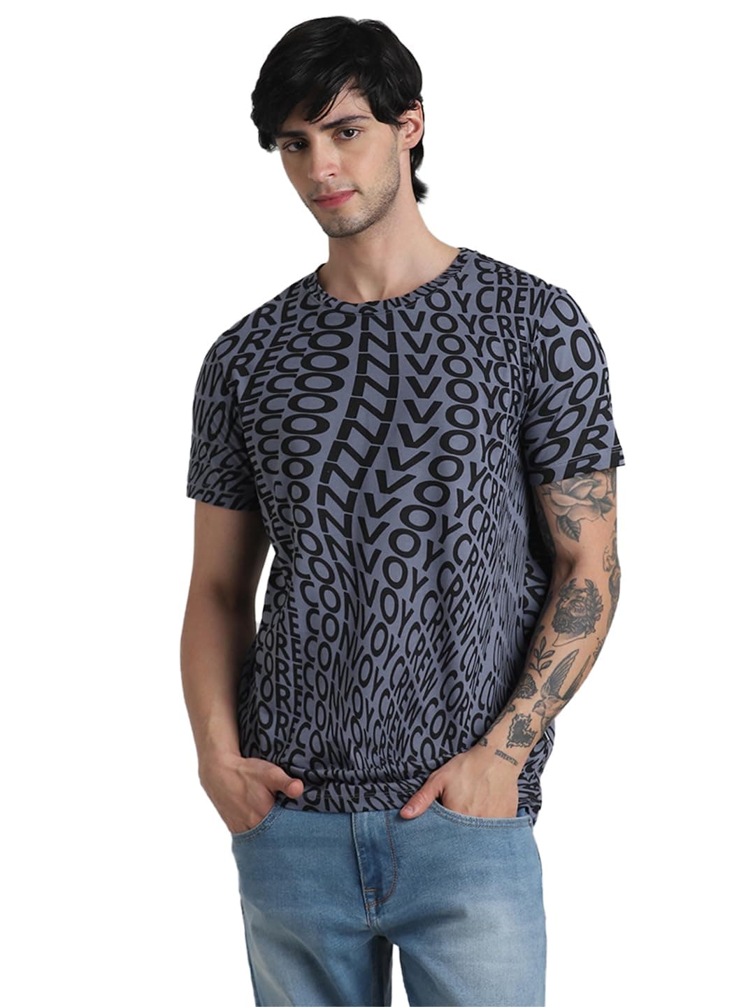 Jack & Jones Men Typography Cotton Regular Fit Grey Tshirt