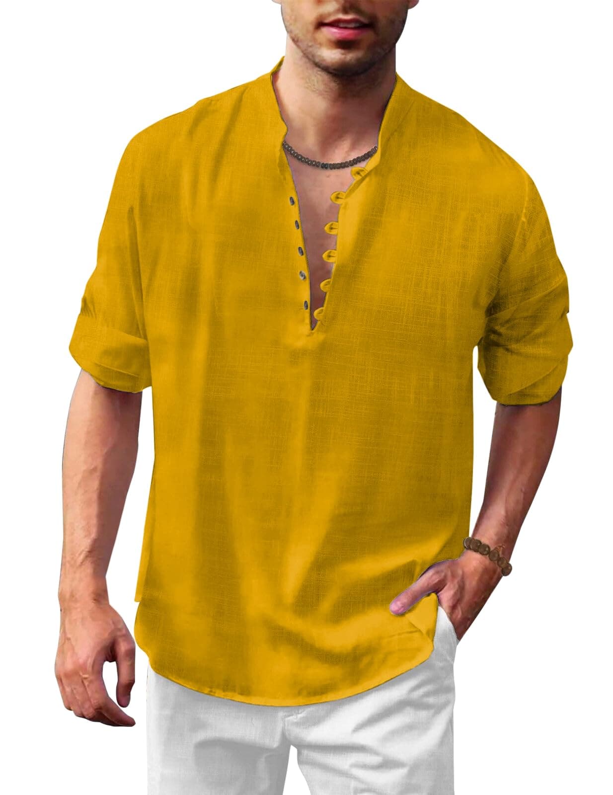 FINIVO FASHION Men's Solid Cotton Blend Regular Fit Straight Kurta Shirt, M, Gold, Pack of 1