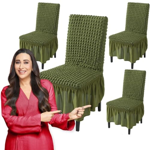 HOKIPO Bubble Set of 4 Elastic Dining Chair Slipcovers with Frills (AR-4616-B6*4), Green