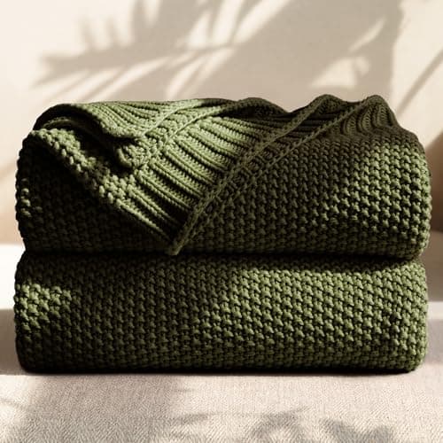 blunique 100 Cotton Cable Knit Throw Blanket Lightweight Soft Knit Blanket for Sofa Couch Bed Breathable AllSeason Throw Cozy Decorative Blanket 50 x 60 InchOlive Green