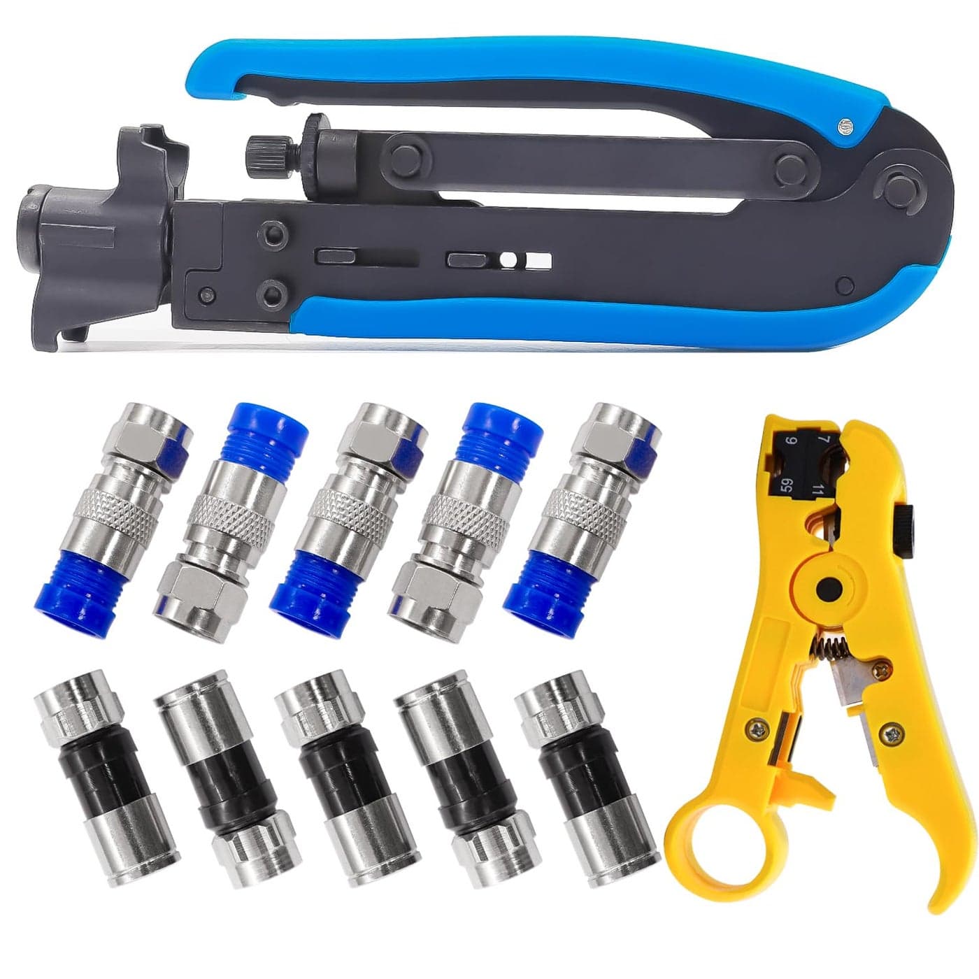 mxuteuk Coax Cable Crimper Kit Adjustable RG6 RG59 RG11 755 757 Coaxial Compression Tool Fitting Wire Stripper With 10 pcs F Compression Connectors