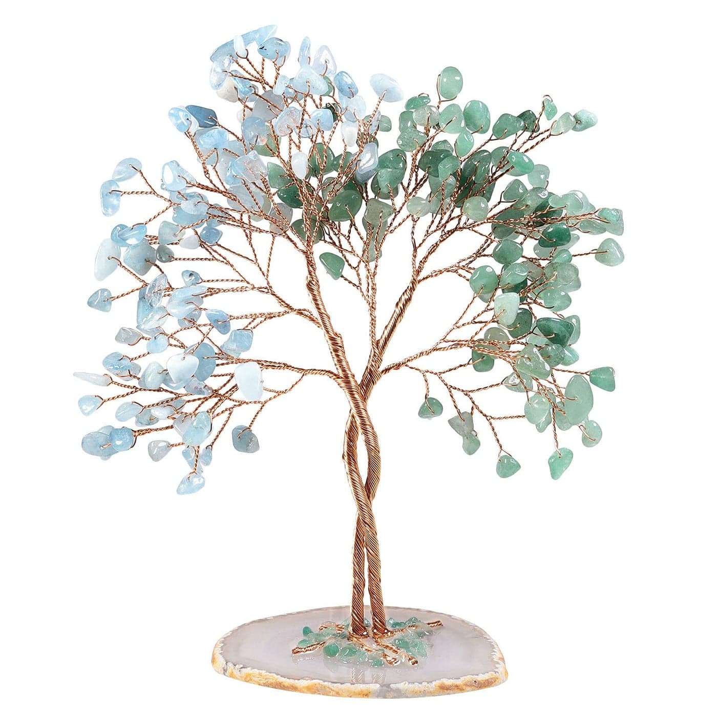 mookaitedecor Handmade Green Aventurine Aquamarine Crystal Tree with Agate Slice Base Bonsai Money Tree of Life for Wealth and Luck Feng Shui Home Decor