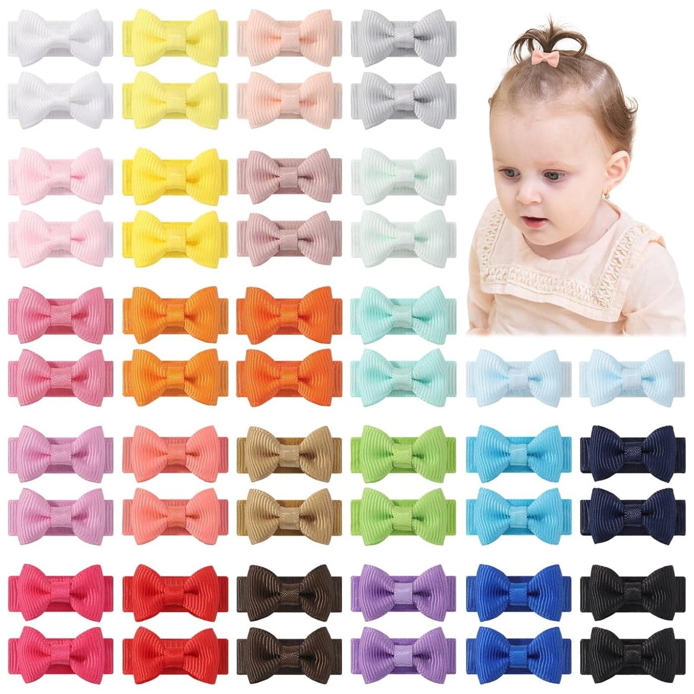 yoyokid 50PCS Baby Girls Snap Hair Clips 12 Grosgrain Ribbon Tiny Hair Bows Clips for Baby Girls Toddlers Infant Fine Thin Hair 25 Colors in Pairs