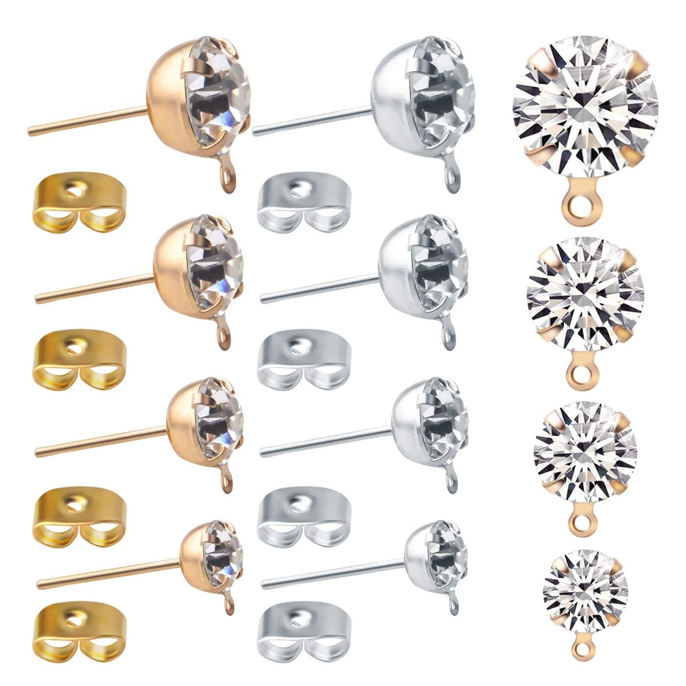 80pcs Rhinestone Hypoallergenic Earring Posts Stud Earrings with Loop and 80pcs Butterfly Ear Back Earrings for DIY Earring Jewelry Making Findings 4 Sizes