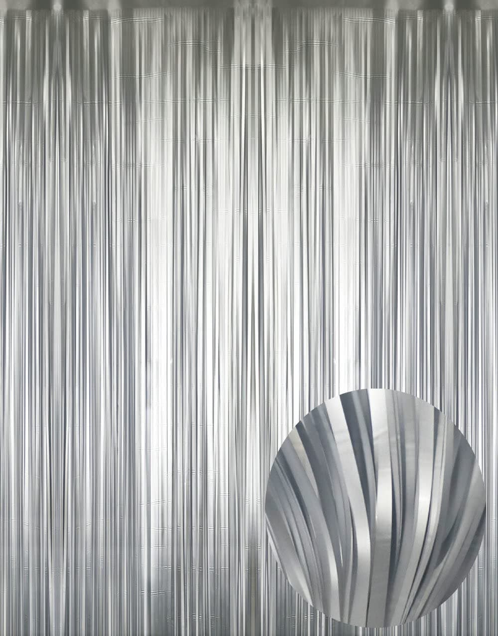 GOER 64 ft x 98 ft Metallic Tinsel Foil Fringe CurtainsPack of 2 Party Streamer Backdrop for BirthdayGraduation Decorations and New Year Eve Matte SilverThick Material