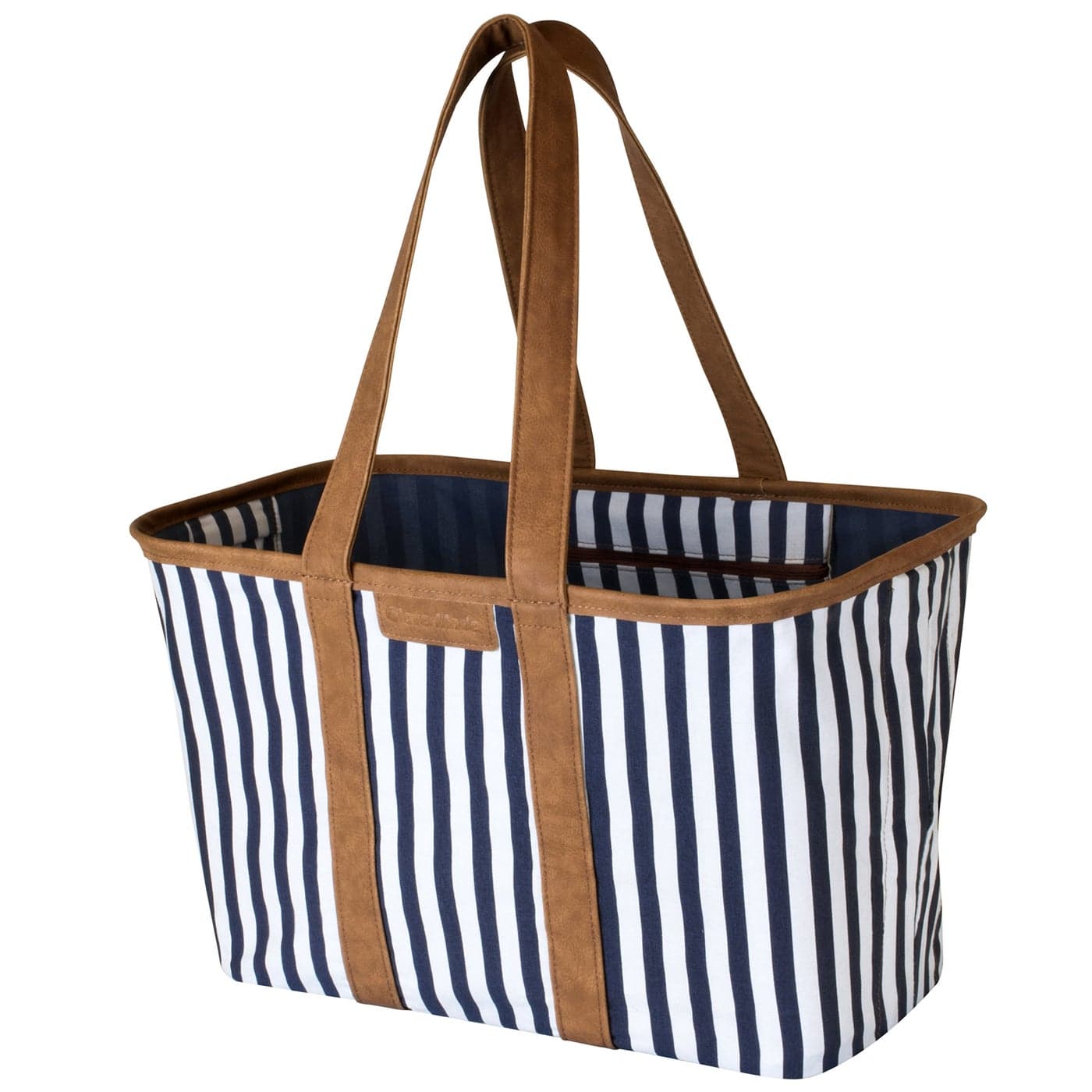 CleverMade Collapsible LUXE Tote, Navy Striped - 30L (8 Gal) Structured Tote Bag with Handles and Reinforced Bottom - Reusable Grocery Bag, Shopping Bag, Utility Tote Bag
