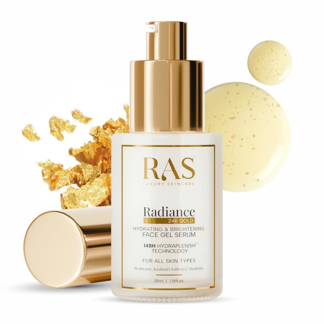 RAS Luxury Oils Radiance 24K Gold Brightening 8 in 1 Face Gel Serum Hydrates Skin Infused with Hyaluronic Acid Saffron Manjistha Rosehip 35 ml