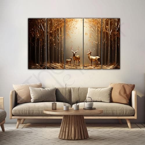 The Castle Decor Golden Deer Wall Painting for Living Room Big Size - Deer Wall Painting for Bedroom, Office, Drawing Room, Hotel - Elegant Wall Decor Art for Home Decoration, Gifting (27x48 inch)