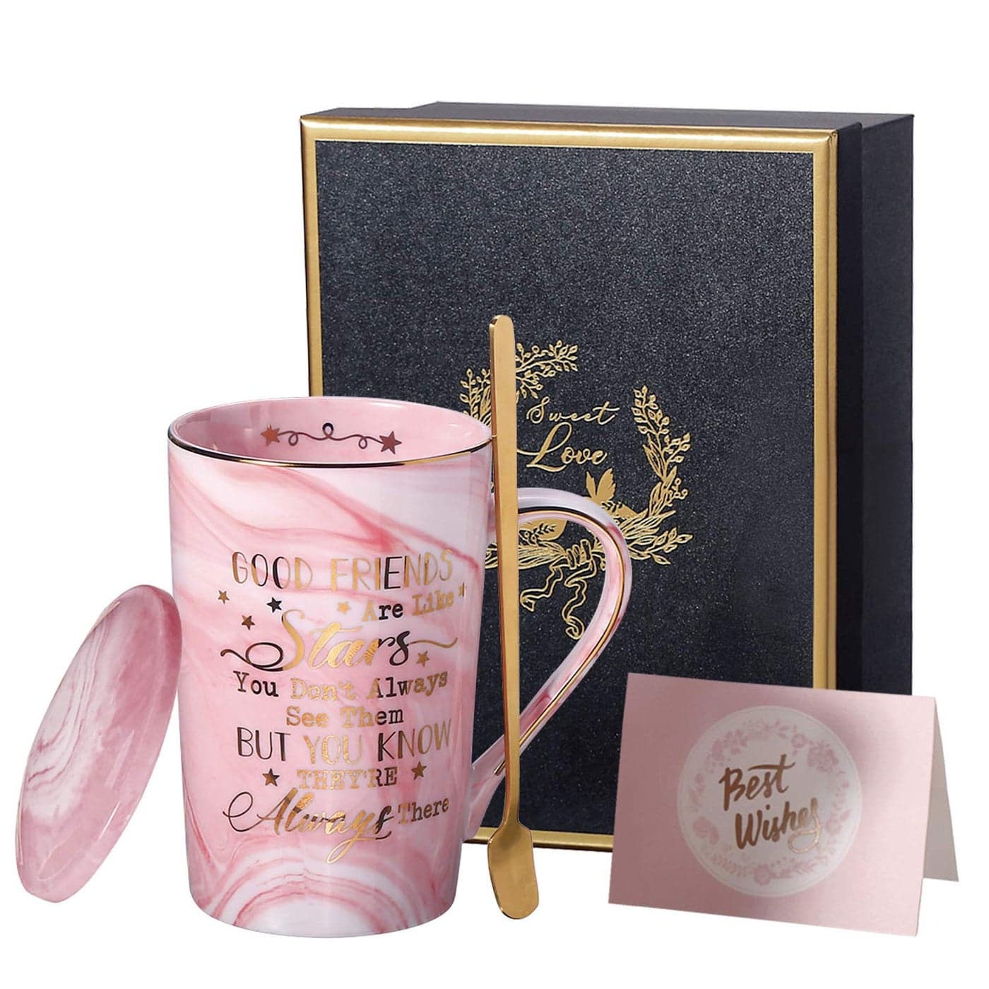 Doublewhale Friend Friendship Gifts Coffee Mug Good Fiends are Like Stars 14 Oz Pink Ceramic Marble Mug Tea Cup Ideal Gifts for Women Girls Friends Birthday