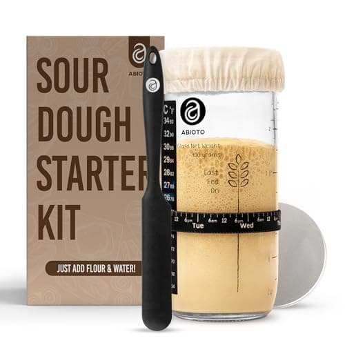 ABIOTO Sourdough Starter Kit Includes 24 oz Sourdough Starter Jar with Metallic Lid Silicone Spatula Feeding Tracker Extra Thermometer Strips Breathable Covers Sourdough Bread Starter Kit