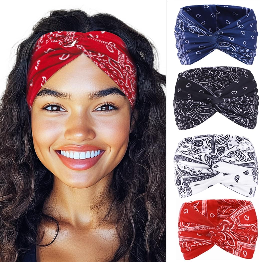 Urieo Boho Bandanas Headband Knotted Hair Bands Paisley Head Turban Sport Yoga for WomenPack of 4 A