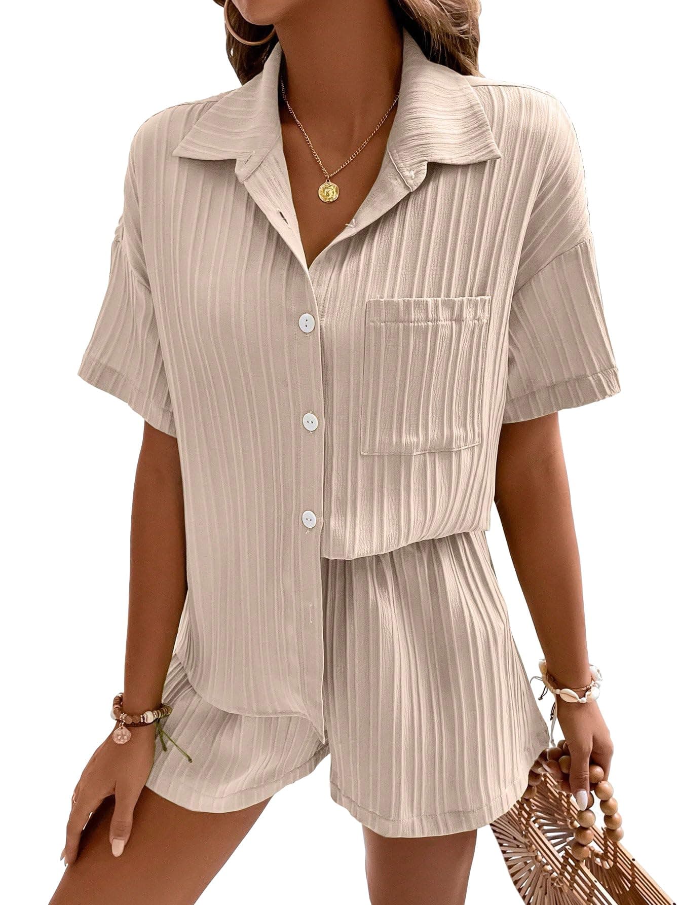 Shasmi Women & Girls Beige Solid Color Button Front Vacation Solid Texture Short Sleeve Loose Fit Drop Shoulder Pocket Shirt and Shorts Casual Two-Piece Set (Co Ods 143 Beige-XL)