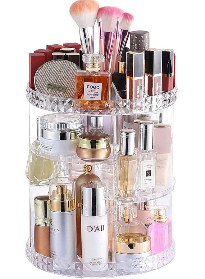 360 Degree Rotating Skin Care Organizer Countertop For Vanit,Adjustable Make up Holder Height,Clear Plastic Spinning Makeup Organizer for Skincare Beauty Product Bathroom Organizer,1Pcs