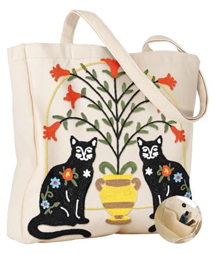 Miss Adola Embroidery Canvas Tote Bag for Women - Cute Aesthetic Reusable Totes with Pocket & Buckle for Work Shopping Grocery Shoulder Bag, Cat