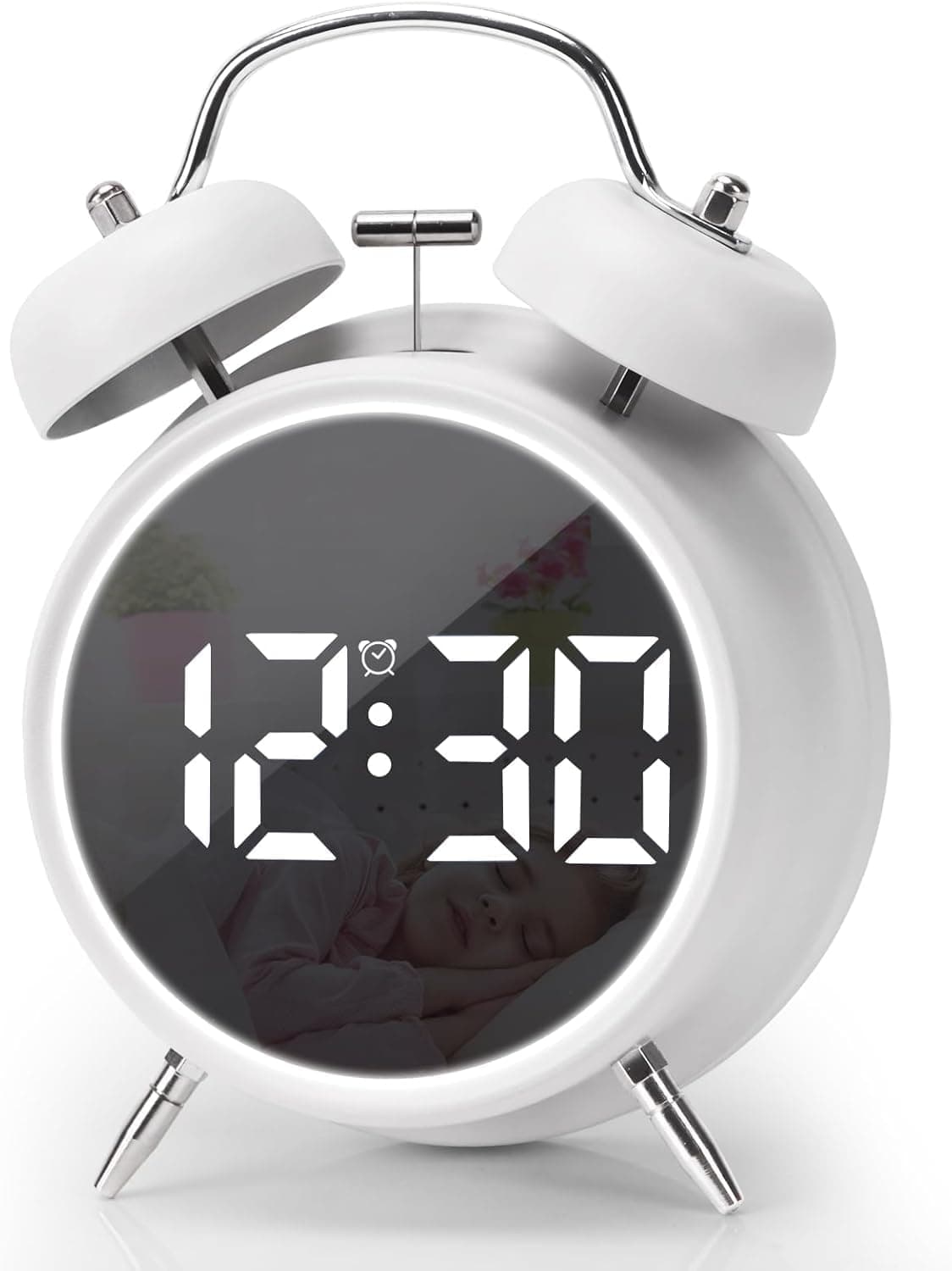 Raawan Digital Alarm Clock Table Clock for Students, Home, Office, Bedside Smart Timepiece for Heavy Sleepers, Automatic Sensor,Time,Date &Temperature, Alarm Clock for Bedroom 5 (TWINBELL White)