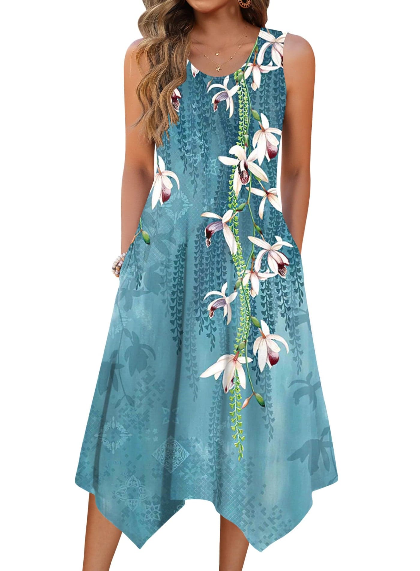HOTOUCH Sleeveless Midi Dress O Neck Summer Tank Dress Tropical Tshirt Dress Flowy Aline Swing Dress Casual Beach Sundress Vocation Dress Blue L